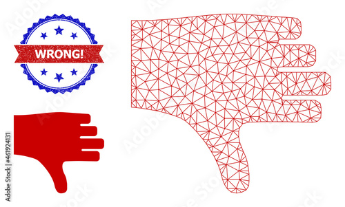 Mesh thumb down carcass icon, and bicolor scratched Wrong! watermark. Mesh carcass image designed with thumb down icon. Vector imprint with Wrong! caption inside red ribbon and blue rosette,