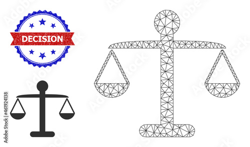 Mesh weight balance model illustration, and bicolor rubber Decision seal stamp. Mesh wireframe illustration based on weight balance pictogram.