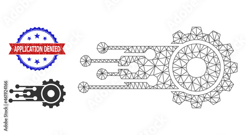 Polygonal transition gear framework illustration, and bicolor textured Application Denied seal. Polygonal carcass illustration designed with transition gear icon.