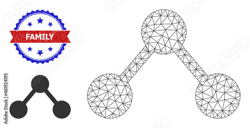 Polygonal relations wireframe illustration, and bicolor rubber Family seal stamp. Polygonal wireframe illustration is created from relations icon.