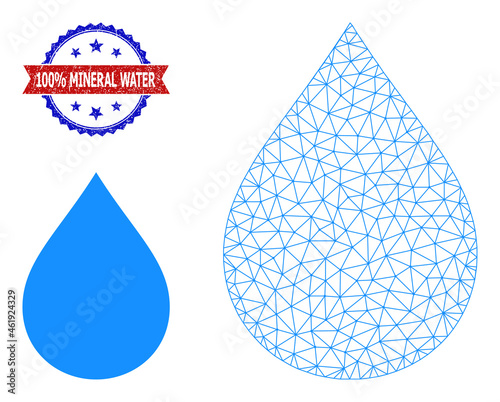 Polygonal water drop frame icon, and bicolor dirty 100% Mineral Water watermark. Polygonal wireframe illustration is designed with water drop icon.