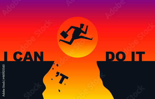 business man jumping over i can't do it  to i can do it over cliff at sunset . Business  obstacles challenge possible concept