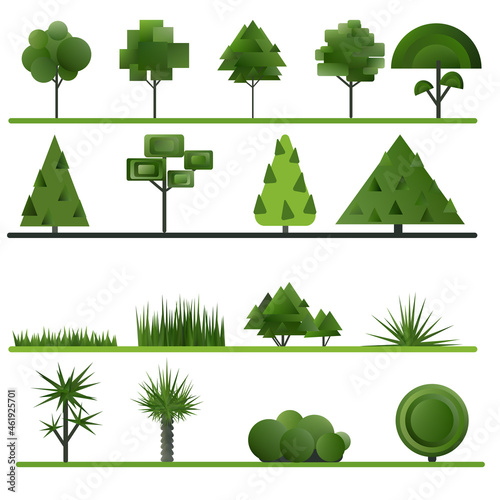 Set of abstract trees  shrubs  grass on a white background. Vector illustration.