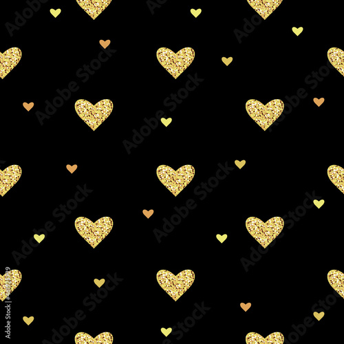 Seamless vector pattern with shiny golden hearts isolated on black background.