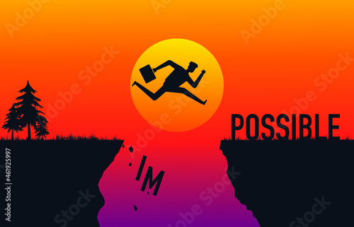business man jumping over impossible to possible over cliff at sunset . Business obstacles challenge possible concept