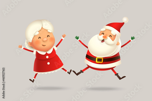 Mrs Claus and Santa Claus jumping - happy expression - cute vector illustration isolated