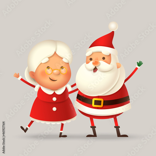 Mrs Claus and Santa Claus celebrate Christmas holidays - cute and happy vector illustration isolated