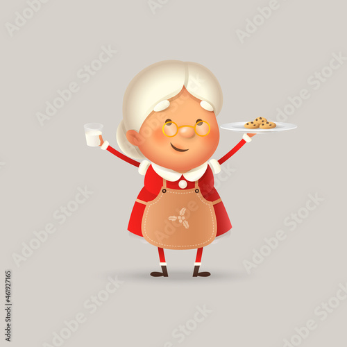 Cute and happy Mrs Claus with cookies and milk - vector illustration isolated