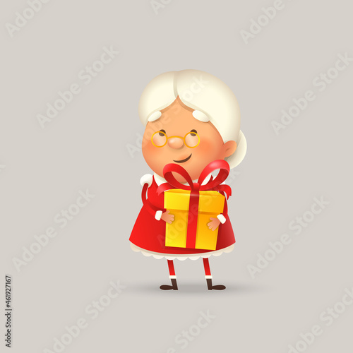 Cute and happy Mrs Claus with gift for you - vector illustration isolated