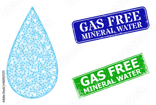 Mesh water drop image, and Gas Free Mineral Water blue and green rectangular dirty stamp seals. Polygonal carcass symbol designed with water drop icon.