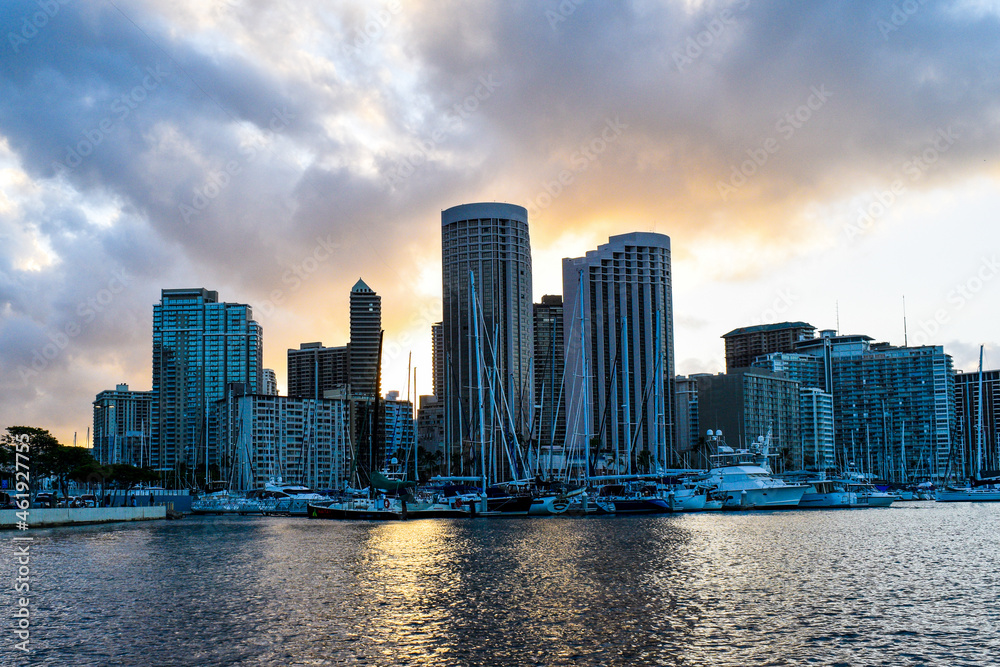 city skyline at dusk