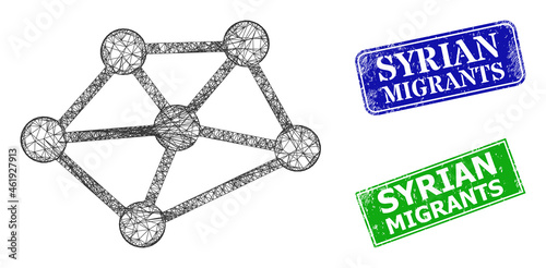 Net links model, and Syrian Migrants blue and green rectangle rubber seals. Polygonal carcass image based on net links icon. Seals have Syrian Migrants title inside rectangle shape.