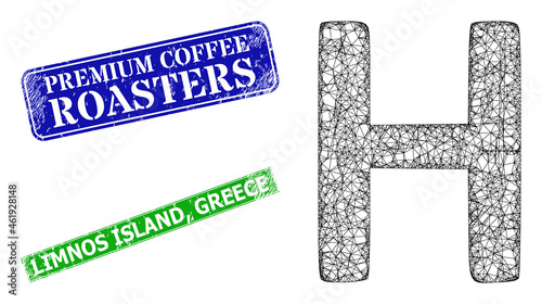 Polygonal Eta Greek symbol model, and Premium Coffee Roasters blue and green rectangle scratched watermarks. Polygonal wireframe image based on Eta Greek symbol icon.