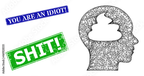 Net shit brain image, and You Are an Idiot! blue and green rectangular corroded seal imitations. Mesh carcass illustration designed with shit brain pictogram. photo