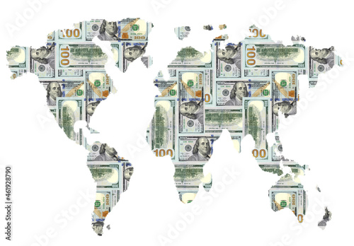 World map. 100 Dollars texture. White background.