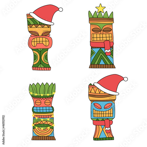 A set of tiki idols in Christmas decor. Colored idols for new year party invitation cards design or advertising