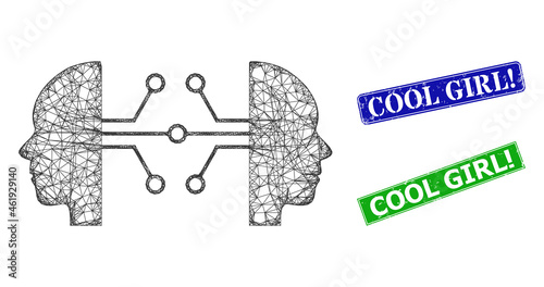 Mesh human network links model, and Cool Girl! blue and green rectangular textured stamp seals. Mesh carcass symbol is based on human network links pictogram.