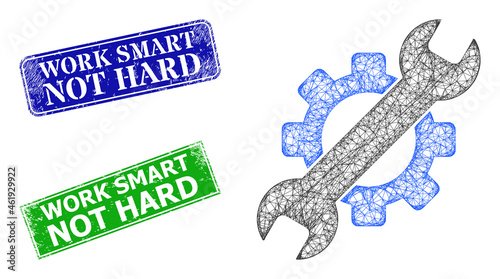 Polygonal service tools image, and Work Smart Not Hard blue and green rectangular corroded stamp seals. Polygonal carcass symbol based on service tools icon.