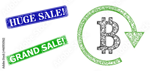 Mesh bitcoin repay model, and Huge Sale! blue and green rectangle dirty seal prints. Mesh wireframe illustration is designed with bitcoin repay pictogram.