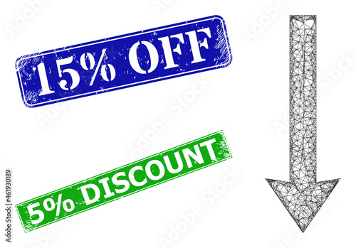 Network send down image, and 15% Off blue and green rectangle corroded stamps. Mesh carcass image is created from send down icon. Stamps contain 15% Off tag inside rectangle form.