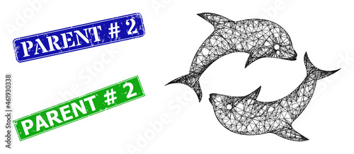 Network dolphin pair model, and Parent # 2 blue and green rectangular grunge stamps. Mesh wireframe illustration based on dolphin pair pictogram.