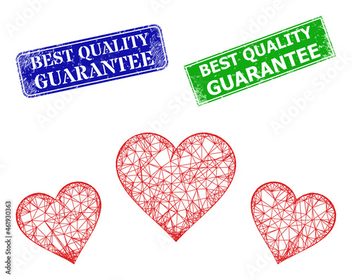 Mesh love rating image, and Best Quality Guarantee blue and green rectangular corroded stamp seals. Polygonal carcass symbol is designed with love rating pictogram.