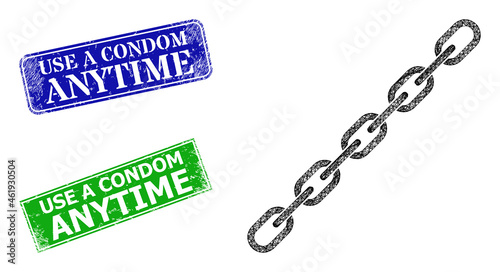 Mesh chain model, and Use a Condom Anytime blue and green rectangular unclean badges. Mesh carcass symbol is based on chain icon. Seals have Use a Condom Anytime text inside rectangular shape.