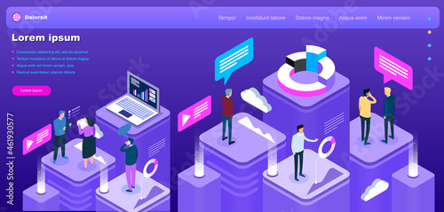 Marketing isometric and digital technology, Vector Isometric Concept of site Business strategies , Business people working together and developing a successful business strategy, Vector illustration