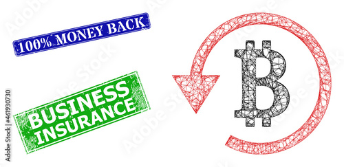 Polygonal bitcoin refund image, and 100% Money Back blue and green rectangle corroded seals. Polygonal wireframe image designed with bitcoin refund pictogram.