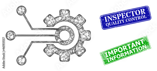 Triangular sensor gear image, and Inspector Quality Control blue and green rectangular rubber seals. Mesh carcass image created from sensor gear pictogram.