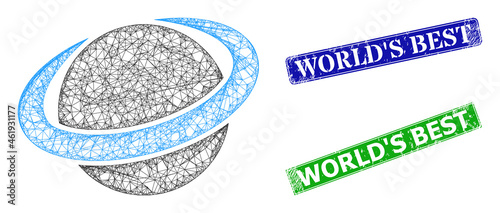 Polygonal planet circle model, and World'S Best blue and green rectangular grunge stamp seals. Mesh carcass image designed with planet circle icon.
