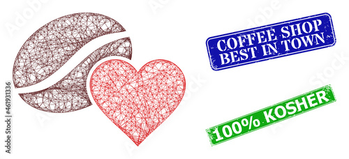 Triangular coffee love image, and Coffee Shop Best in Town blue and green rectangular unclean seals. Mesh carcass symbol is designed with coffee love icon.