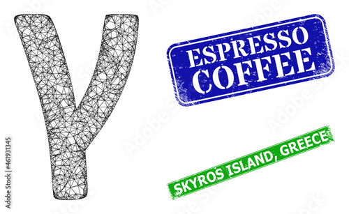 Mesh Gamma Greek lowercase symbol image, and Espresso Coffee blue and green rectangle grunge stamps. Polygonal carcass image is designed with Gamma Greek lowercase symbol icon.