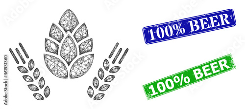 Polygonal barley and hop image, and 100% Beer blue and green rectangular textured stamp seals. Polygonal wireframe symbol based on barley and hop icon.