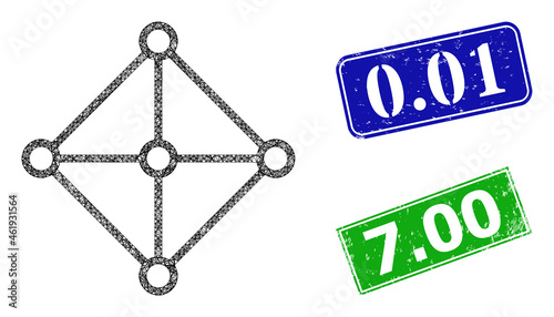 Polygonal rhombus grid centers model, and 0.01 blue and green rectangular scratched stamp seals. Polygonal wireframe image is created from rhombus grid centers pictogram. Seals have 0.