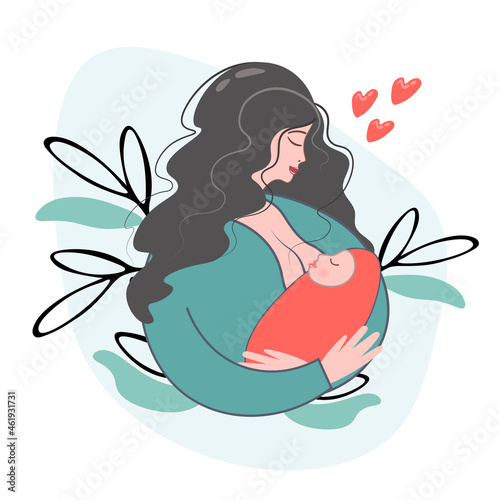 Mother and child against the background of ornamental plants. Mom gently hugs the baby. Woman with a baby. Love, protection and motherhood concept. Flat vector for mothers day, breastfeeding week
