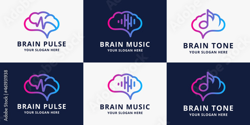 set of brain music pulse logo design