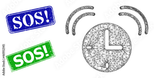 Mesh alarm clock image, and Sos! blue and green rectangle dirty badges. Polygonal wireframe image is based on alarm clock icon. Seals contain Sos! caption inside rectangle form.