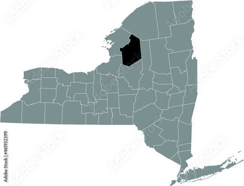 Black highlighted location map of the Lewis County inside gray map of the Federal State of New York, USA