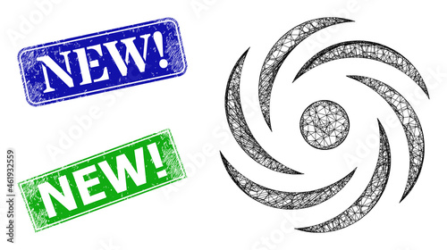 Network cyclone rotation image, and New! blue and green rectangular scratched watermarks. Polygonal wireframe image designed with cyclone rotation pictogram.
