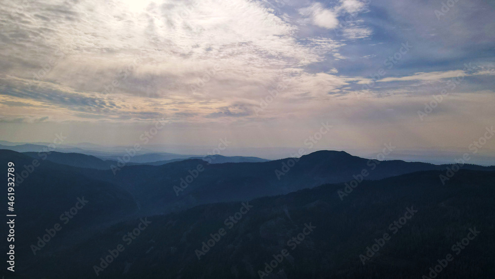 Mountain range, aerial, evening, clouds, dawn, mist