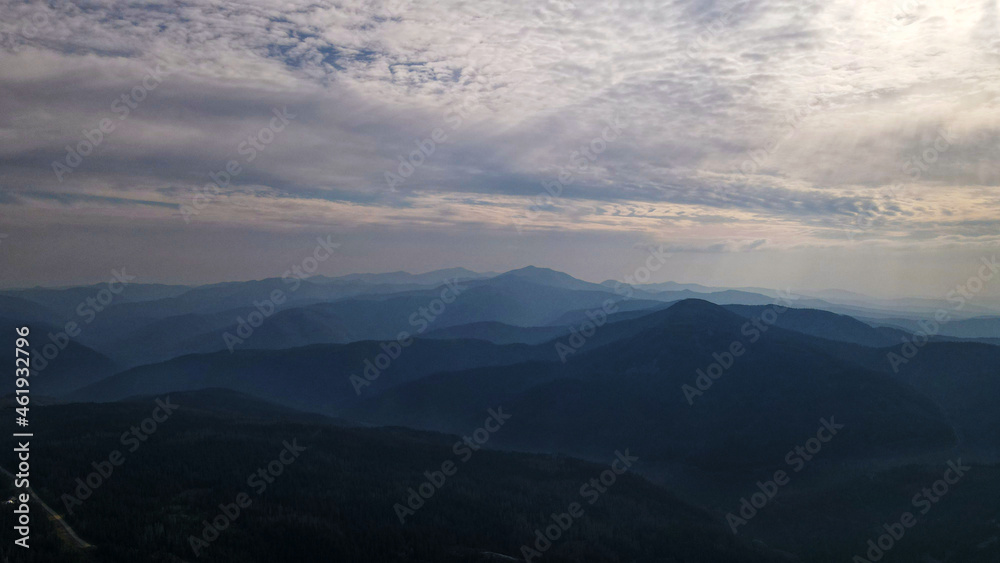 Mountain range, aerial, cliffs, sun rays, clouds, morning
