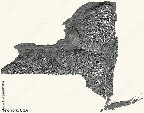 Topographic positive relief map of the Federal State of New York, USA with black contour lines on beige background