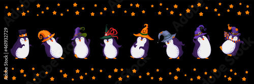 Cartoon penguins in different hats, various poses. All elements are isolated.