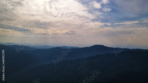 Mountain range, aerial, evening, clouds, dawn, mist