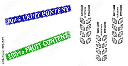Mesh barley crop image, and 100% Fruit Content blue and green rectangular scratched stamp seals. Polygonal carcass symbol is created from barley crop pictogram.