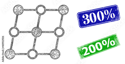 Mesh shifted crystal grid image, and 300% blue and green rectangle scratched seal prints. Mesh wireframe illustration designed with shifted crystal grid icon.