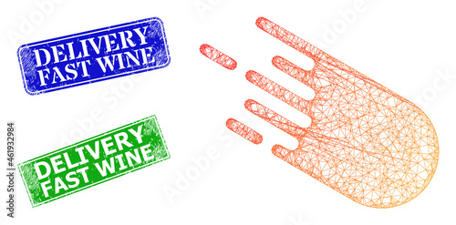 Net bolide image, and Delivery Fast Wine blue and green rectangular unclean seals. Polygonal wireframe symbol is designed with bolide icon.