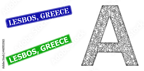 Triangular Alpha Greek symbol image, and Lesbos, Greece blue and green rectangle unclean seals. Polygonal wireframe symbol designed with Alpha Greek symbol icon. Stamp seals include Lesbos,