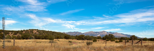 Ultrawide panorama of the Manzano Mountains from Abo Mission at Salinas Pueblo Missions National Monument in New Mexico